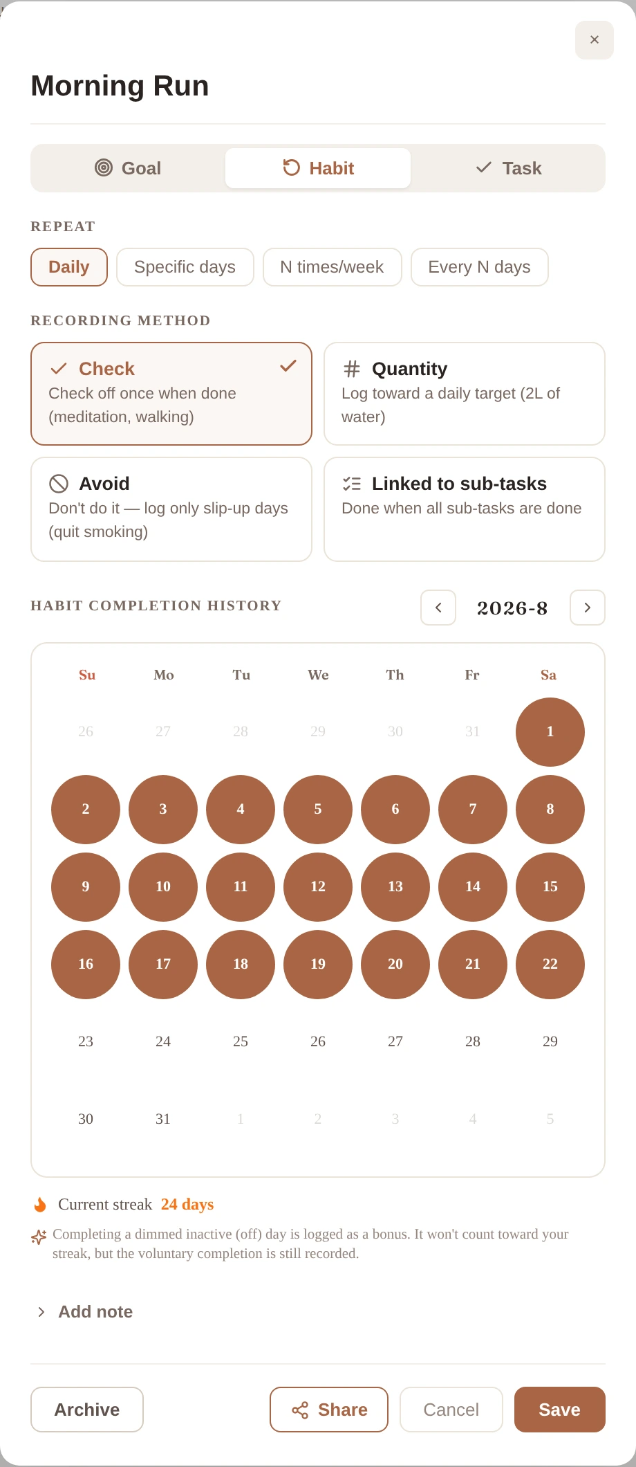 The app screen showing a habit's recording method — Check, Quantity, or Avoid — alongside its streak calendar